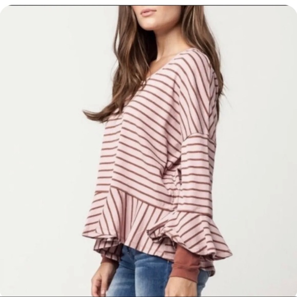 Free People We The Free Waffle Knit Stripe Peplum Ruffle Top Long Sleeve - Picture 2 of 4